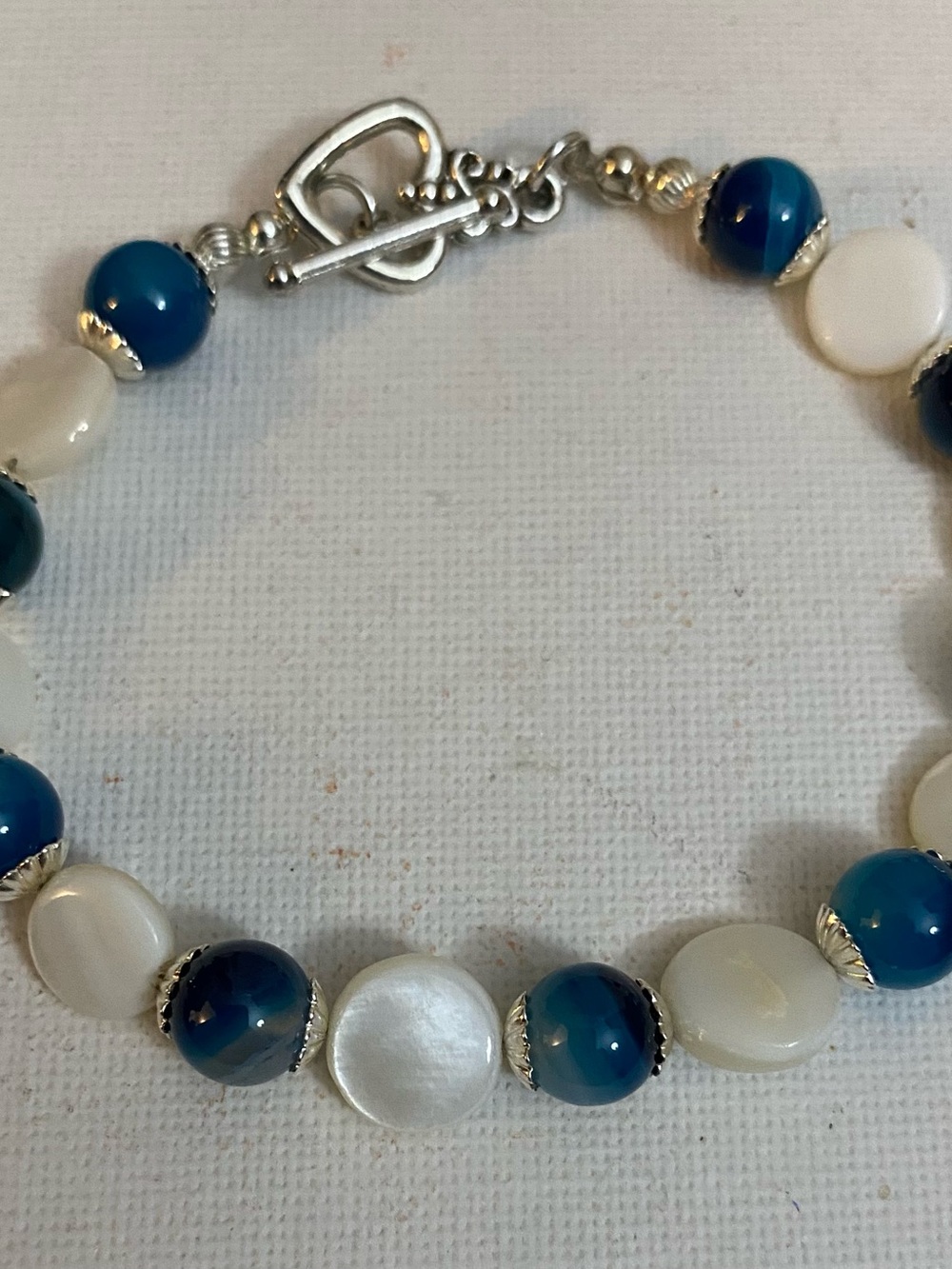 Handcrafted Blue Agate and White Mother of Pearl bracelet and Drop Earrings